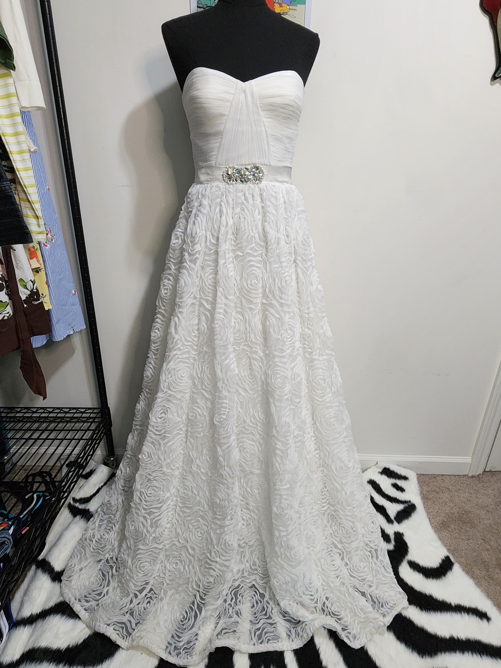 Adrianna Papell White Strapless Rosette Ball Gown with Jeweled Belt - Picture 1 of 10